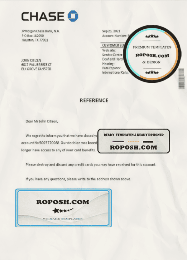 USA Chase bank account closure reference letter template in Word and PDF format