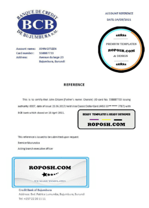 Burundi Credit Bank of Bujumbura bank account closure reference letter template in Word and PDF format