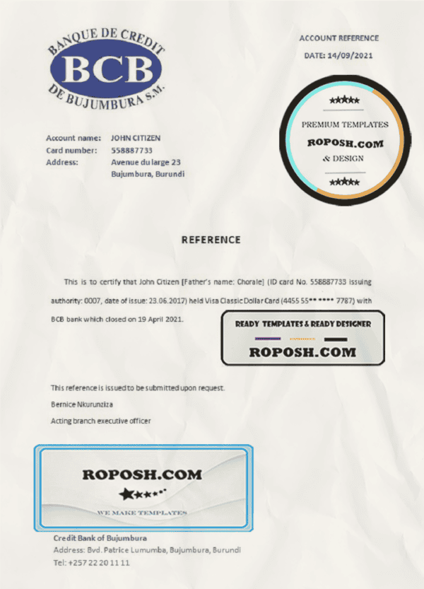 Burundi Credit Bank of Bujumbura bank account closure reference letter template in Word and PDF format