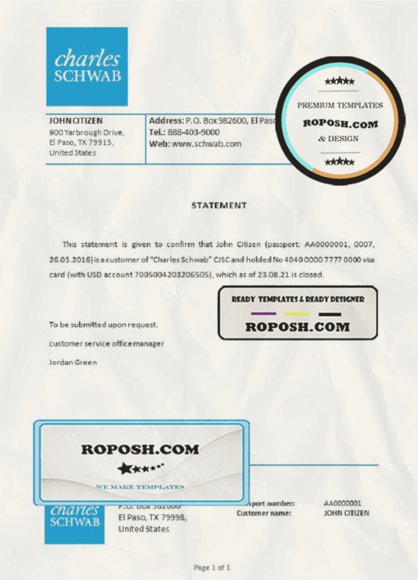 USA Charles Schwab bank account closure reference letter template in Word and PDF format