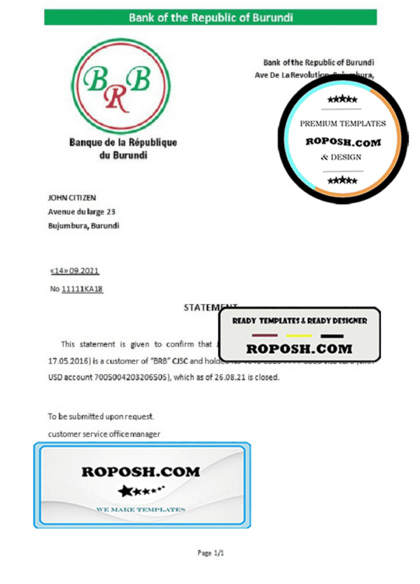 Burundi The Republic Bank of Burundi bank account closure reference letter template in Word and PDF format