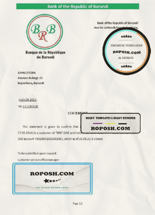 Burundi The Republic Bank of Burundi bank account closure reference letter template in Word and PDF format