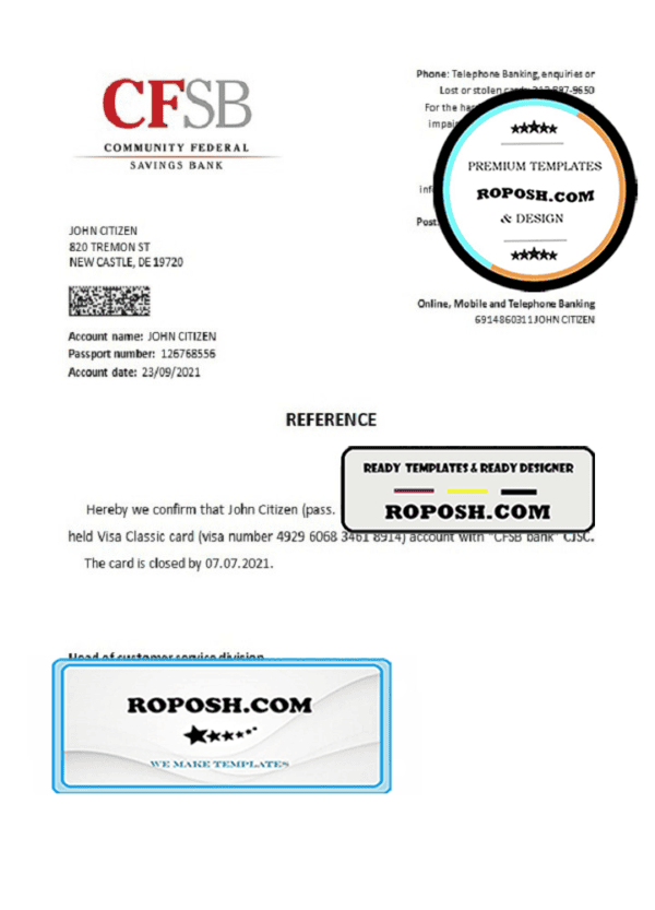 USA CFSB bank account closure reference letter template in Word and PDF format