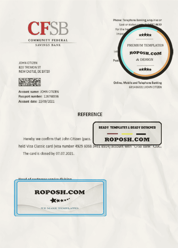 USA CFSB bank account closure reference letter template in Word and PDF format