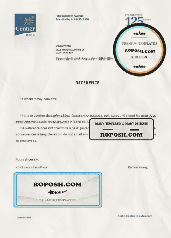 USA Centier Bank bank account closure reference letter template in Word and PDF format