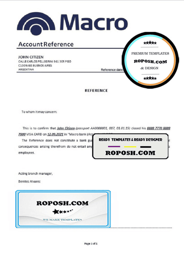 Argentina Banco Macro bank account closure reference letter template in .doc and .pdf format