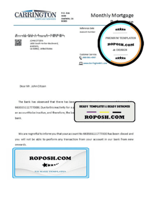 USA Carrington bank account closure reference letter template in Word and PDF format