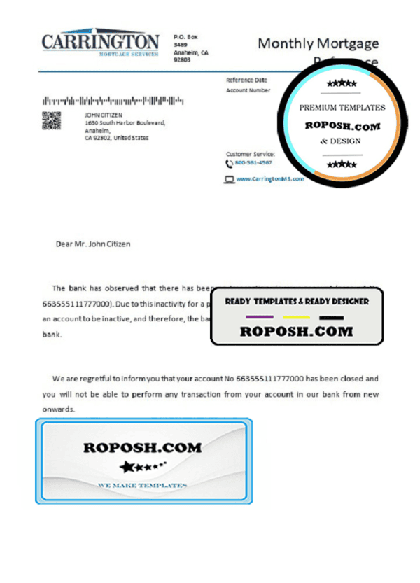 USA Carrington bank account closure reference letter template in Word and PDF format