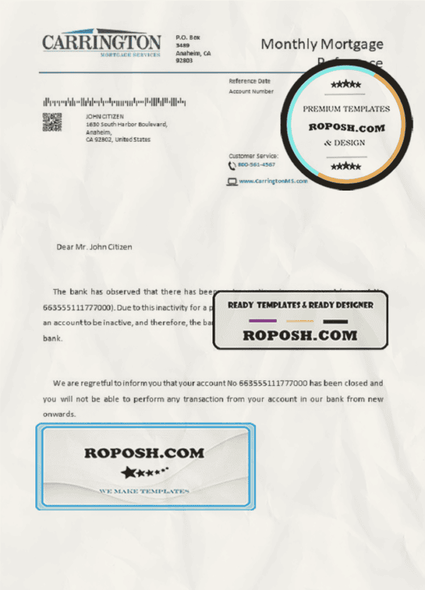 USA Carrington bank account closure reference letter template in Word and PDF format