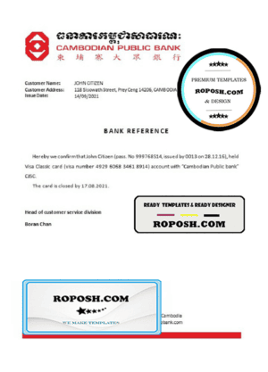 Cambodia Cambodian Public Bank account closure reference letter template in Word and PDF format
