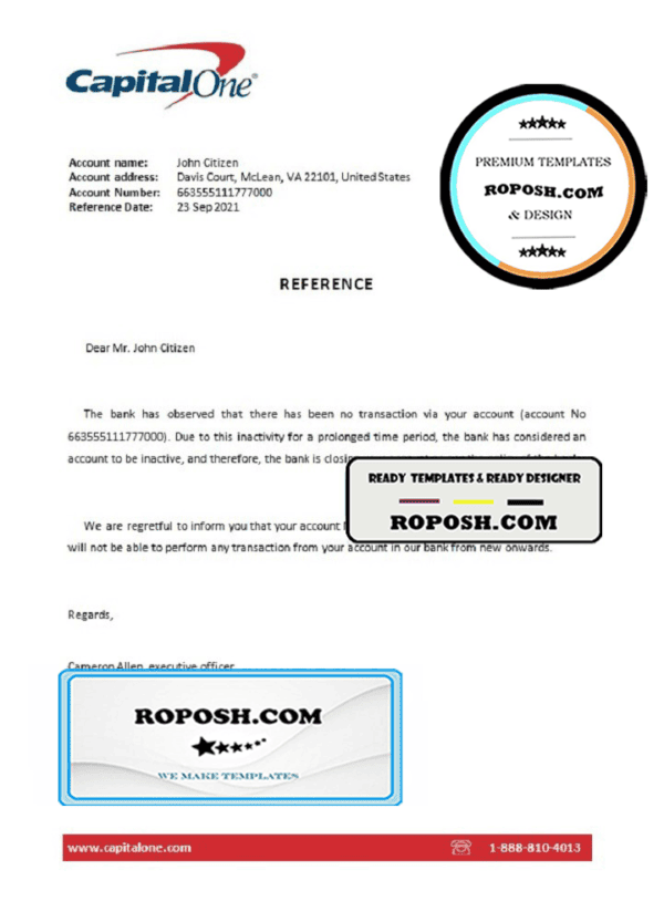 USA Capital One bank account closure reference letter template in Word and PDF format