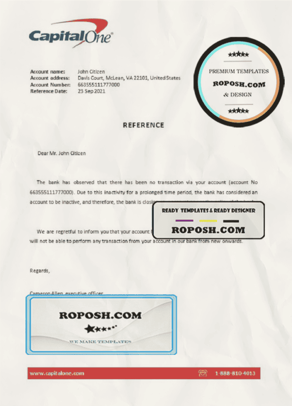 USA Capital One bank account closure reference letter template in Word and PDF format