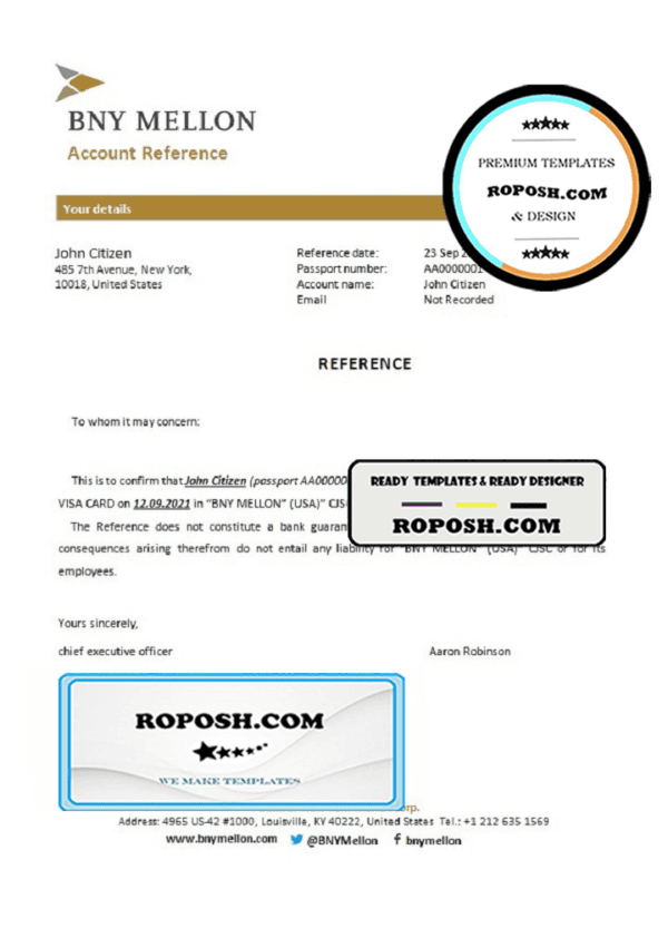 USA BNY Mellon bank account closure reference letter template in Word and PDF format