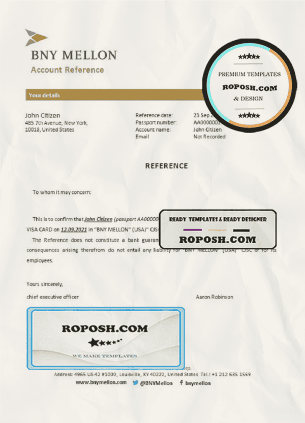 USA BNY Mellon bank account closure reference letter template in Word and PDF format