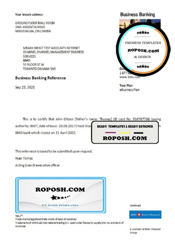 USA BMO bank account closure reference letter template in Word and PDF format