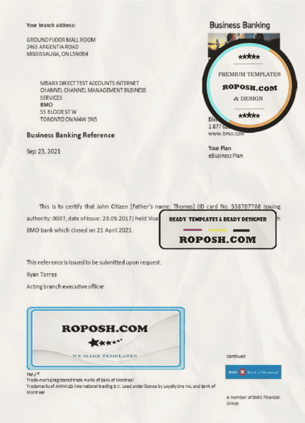 USA BMO bank account closure reference letter template in Word and PDF format