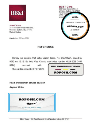 USA BB&T bank account closure reference letter template in Word and PDF format