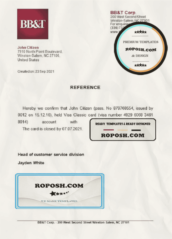 USA BB&T bank account closure reference letter template in Word and PDF format