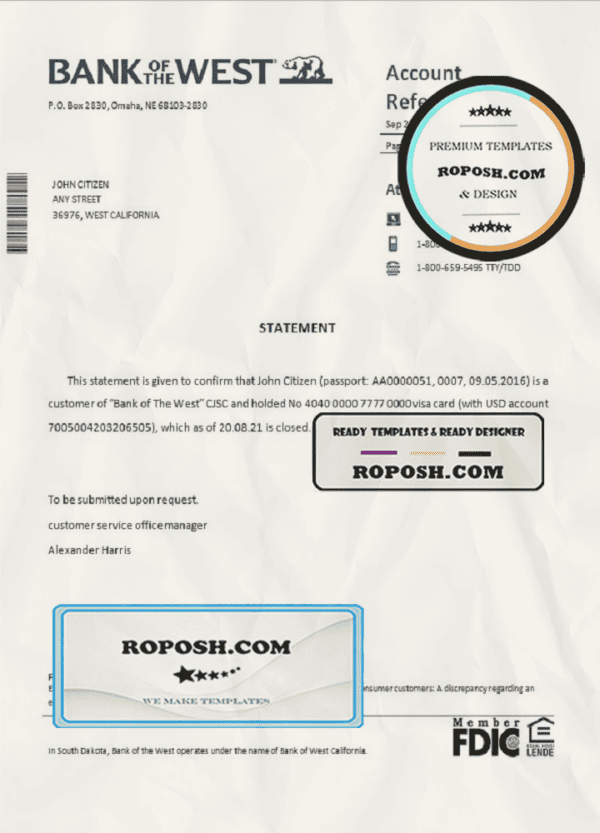 USA Bank of the West bank account closure reference letter template in Word and PDF format