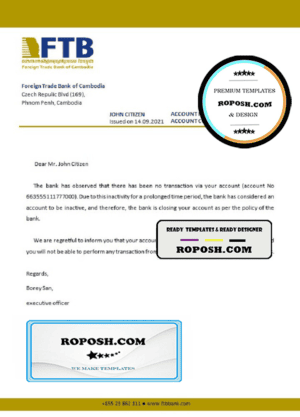 Cambodia Foreign Trade Bank of Cambodia bank account closure reference letter template in Word and PDF format