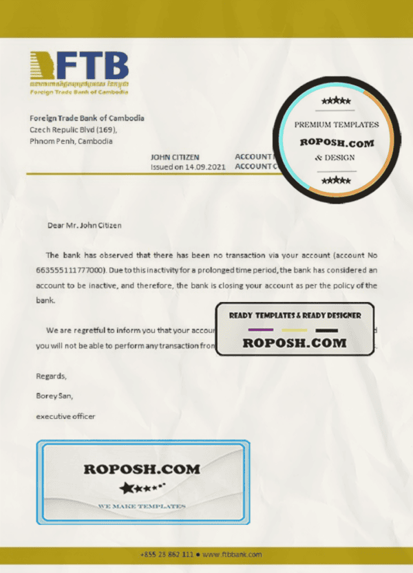 Cambodia Foreign Trade Bank of Cambodia bank account closure reference letter template in Word and PDF format