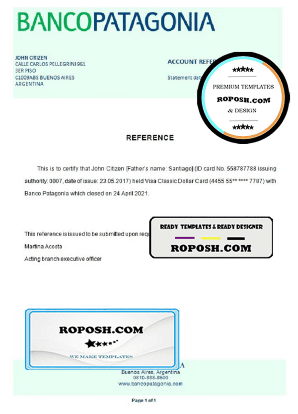 Argentina Banco Patagonia bank account closure reference letter template in Word and PDF format
