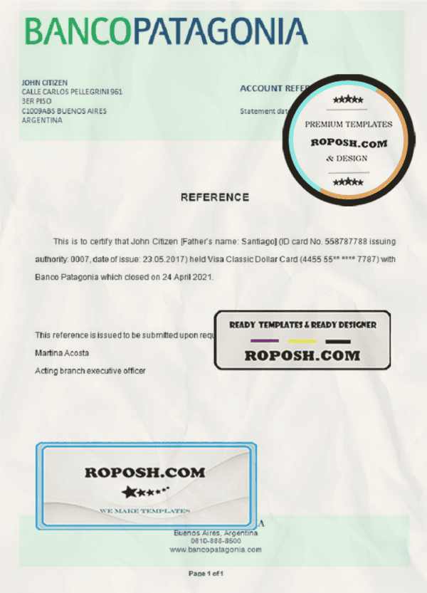 Argentina Banco Patagonia bank account closure reference letter template in Word and PDF format