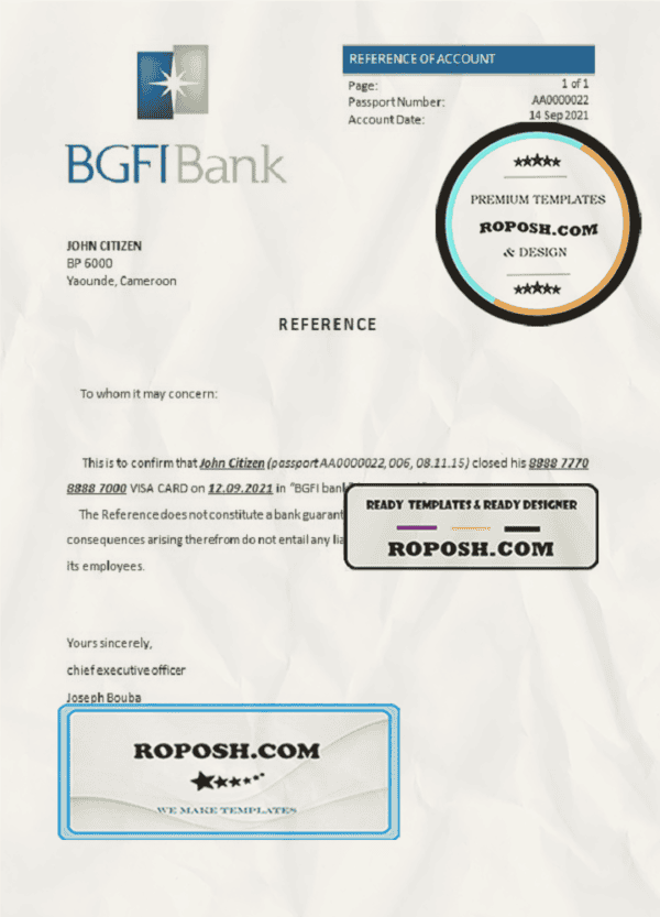 Cameroon BGFI Bank account closure reference letter template in Word and PDF format