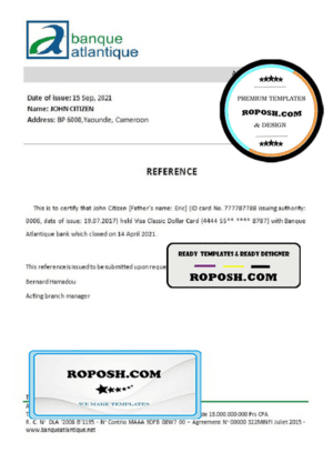 Cameroon The Atlantic bank account closure reference letter template in Word and PDF format