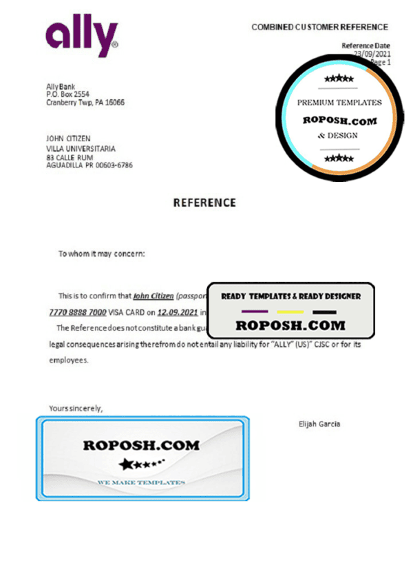 USA Ally bank account closure reference letter template in Word and PDF format