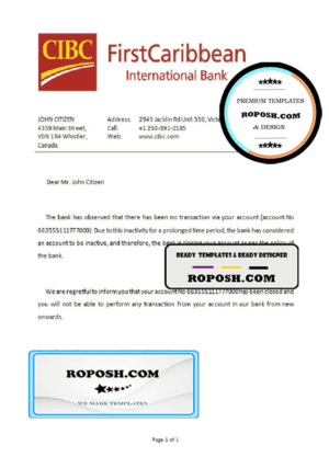 Canada CIBC Bank account closure reference letter template in Word and PDF format