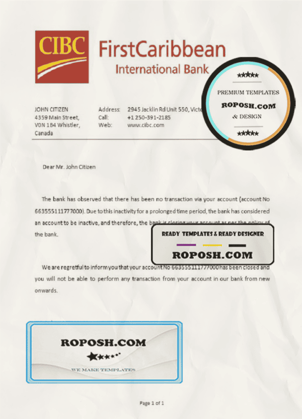 Canada CIBC Bank account closure reference letter template in Word and PDF format