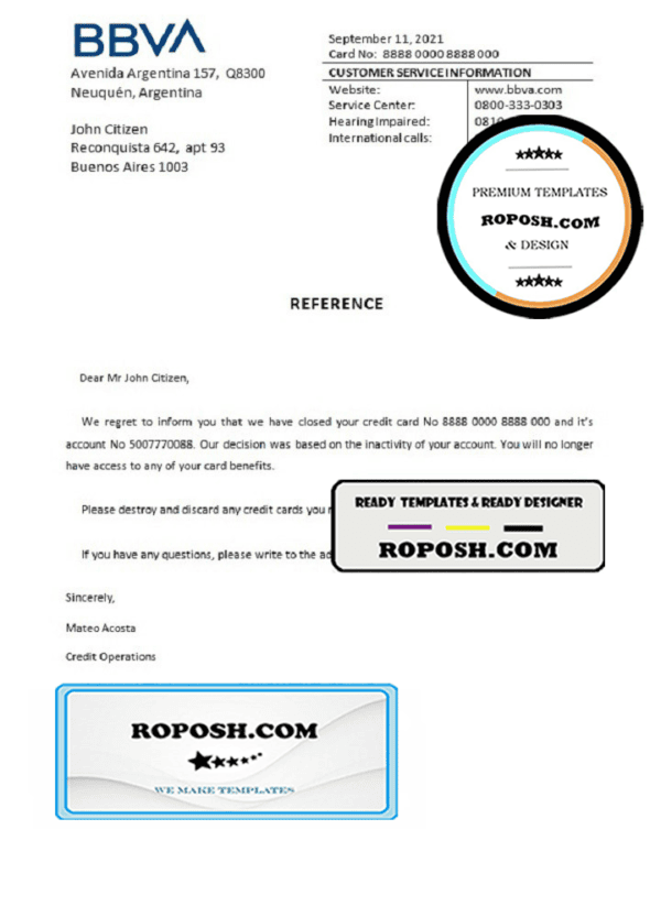 Argentina BBVA bank account closure reference letter template in Word and PDF format