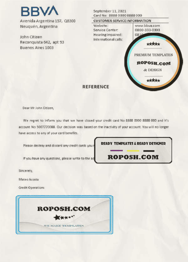 Argentina BBVA bank account closure reference letter template in Word and PDF format