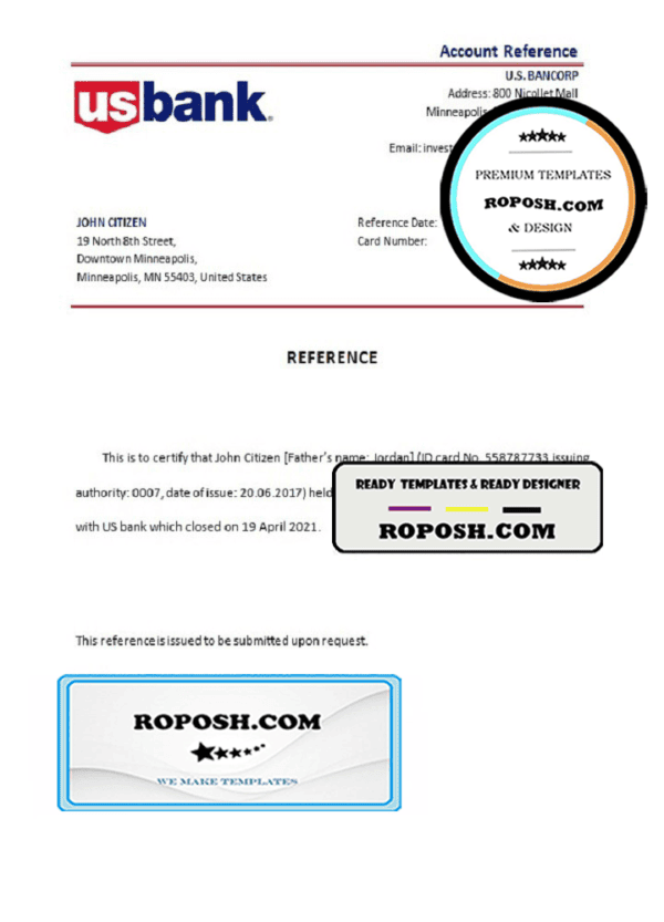 USA US Bank bank account closure reference letter template in Word and PDF format