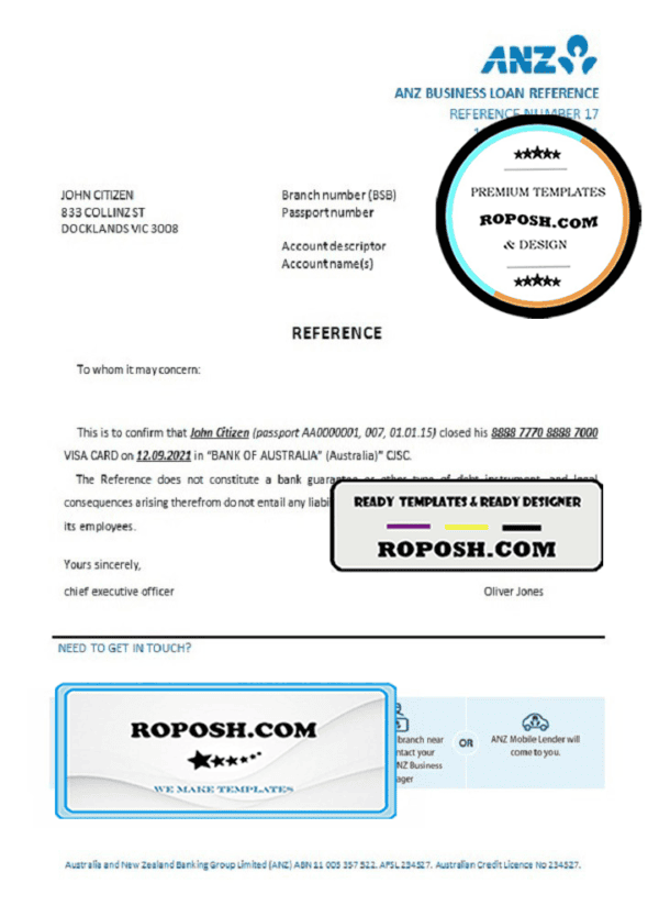 Australia ANZ bank account closure reference letter template in Word and PDF format