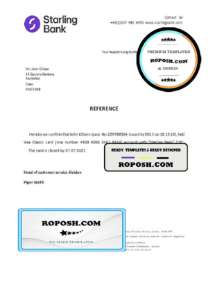 United Kingdom Starling bank account closure reference letter template in Word and PDF format