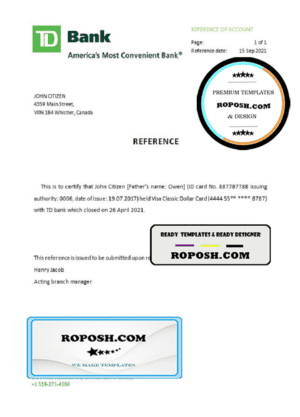 Canada TD Bank account closure reference letter template in Word and PDF format