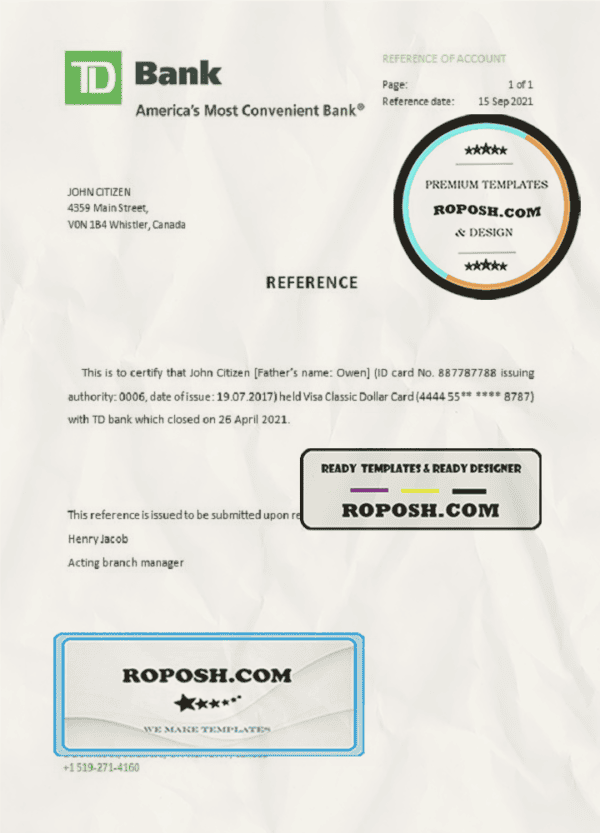 Canada TD Bank account closure reference letter template in Word and PDF format