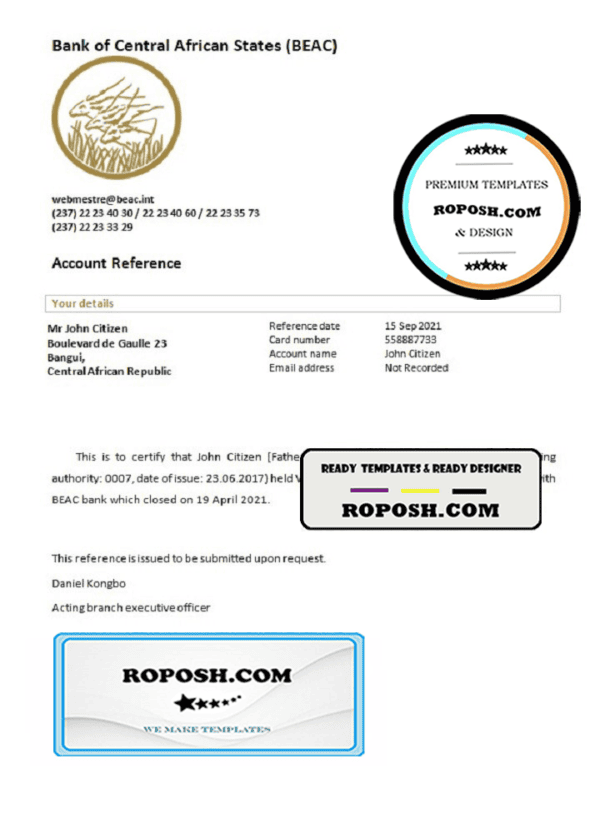 Central African Republic Bank of Central African States (BEAC) bank account closure reference letter template in Word and PDF format
