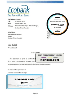 Central African Republic Ecobank bank account closure reference letter template in Word and PDF format