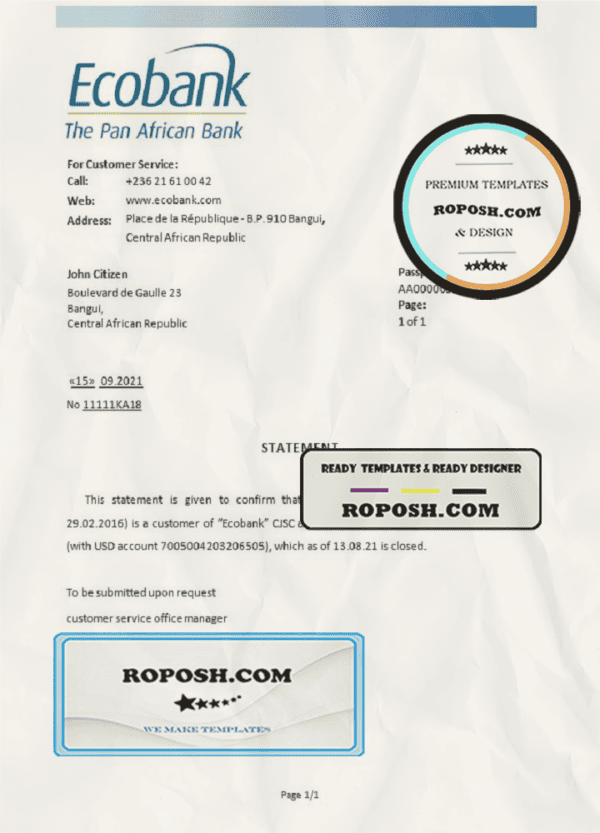 Central African Republic Ecobank bank account closure reference letter template in Word and PDF format