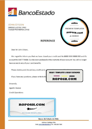 Chile Banco del Estado de Chile bank account closure reference letter template in Word and PDF format