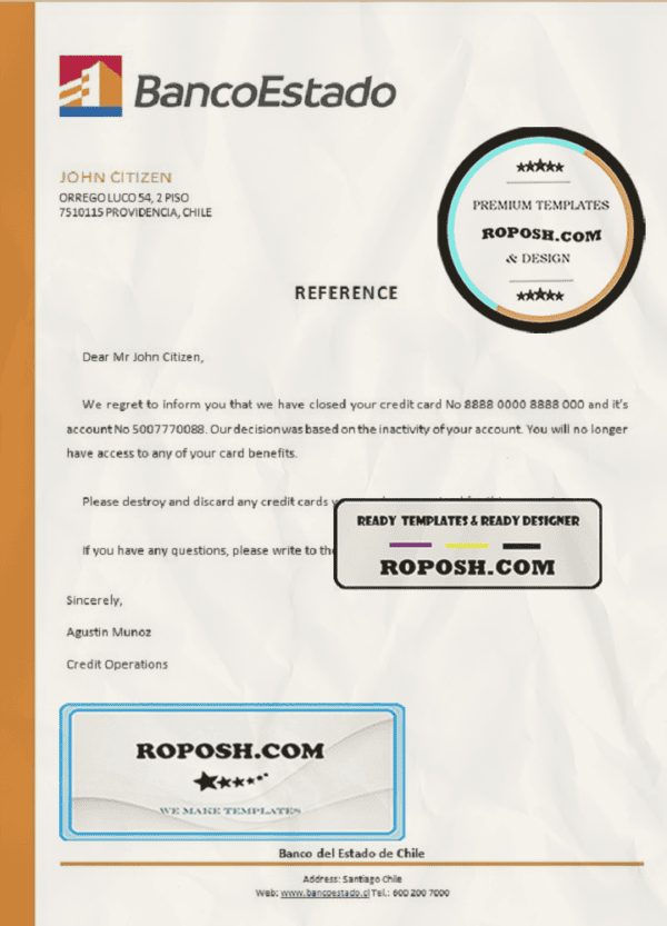 Chile Banco del Estado de Chile bank account closure reference letter template in Word and PDF format
