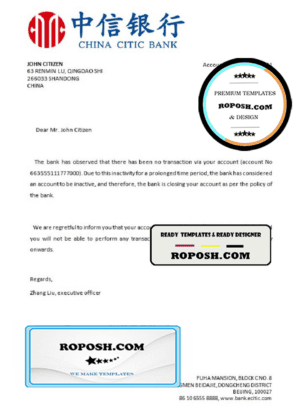 China Citic Bank account closure reference letter template in Word and PDF format