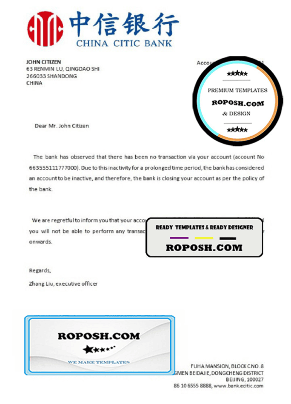China Citic Bank account closure reference letter template in Word and PDF format