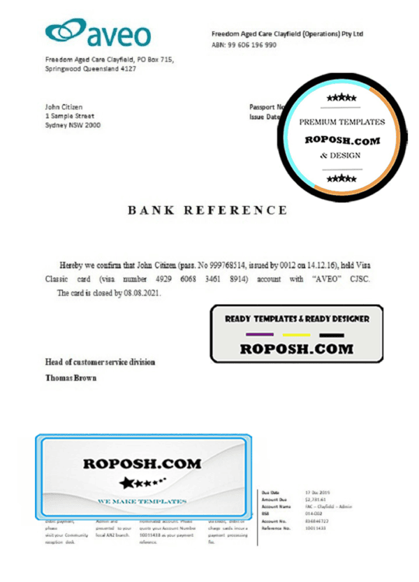 Australia Aveo bank account closure reference letter template in Word and PDF format