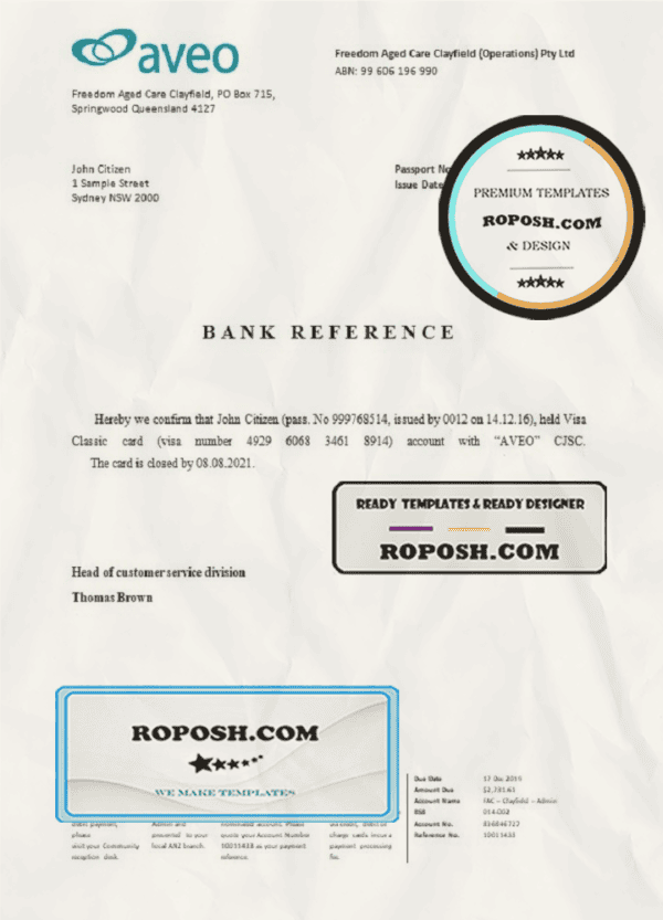 Australia Aveo bank account closure reference letter template in Word and PDF format