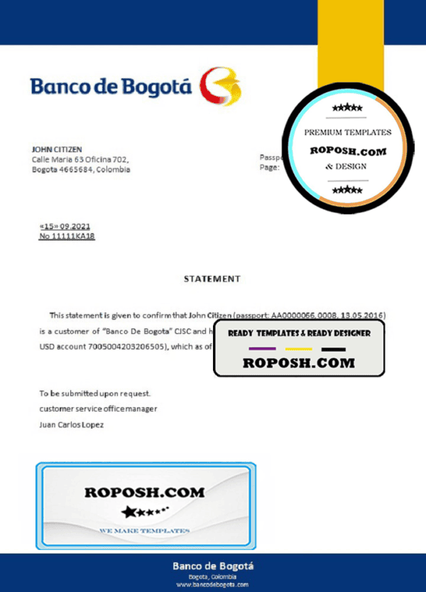 Colombia Banco de Bogotá bank account closure reference letter template in Word and PDF format