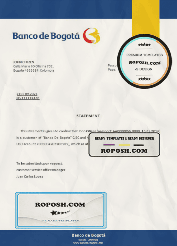 Colombia Banco de Bogotá bank account closure reference letter template in Word and PDF format
